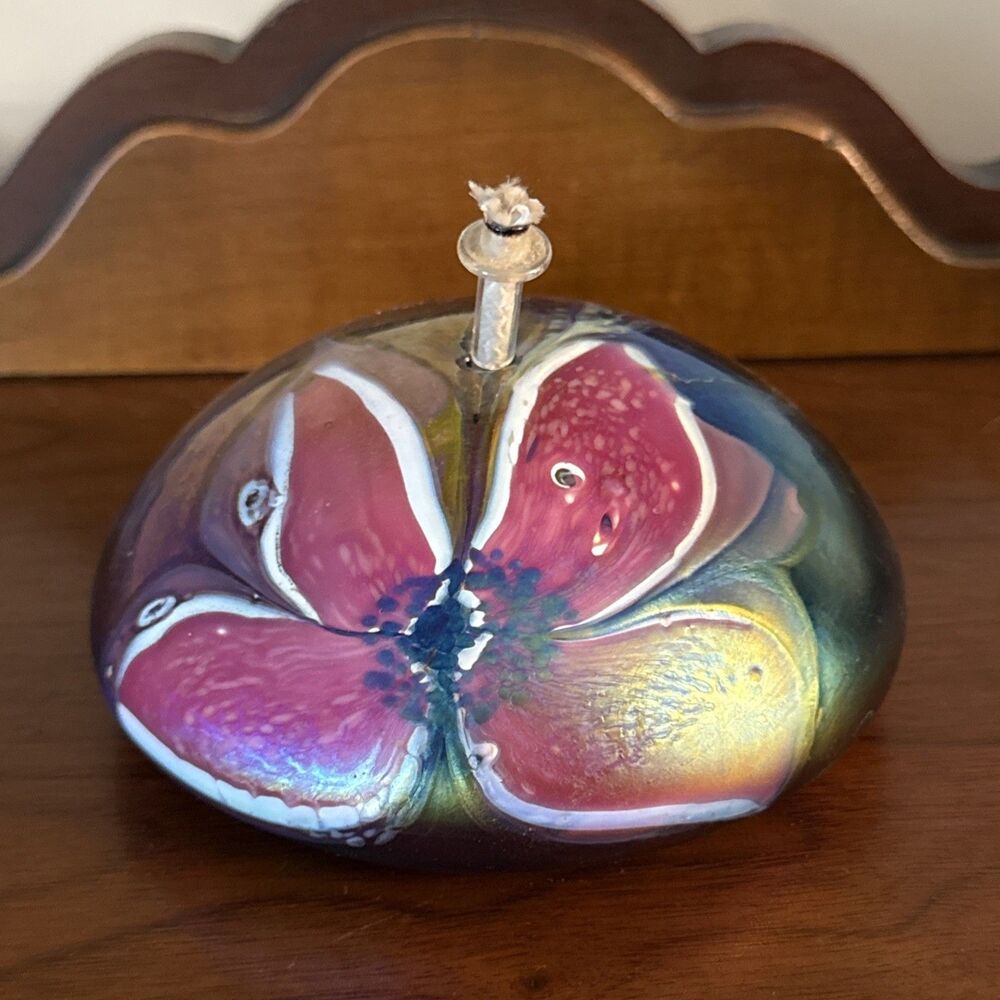 1989 Glasshouse Blown Glass Oil Lamp Candle Flower Iridescent Pink Vintage
